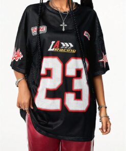 Women Number Print Jersey T Shirt Round Neck Half Sleeve Oversized Tee Tops