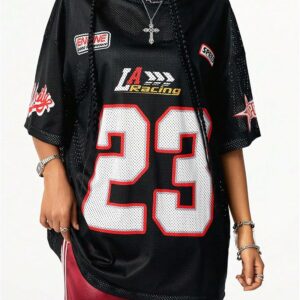 Women Number Print Jersey T Shirt Round Neck Half Sleeve Oversized Tee Tops