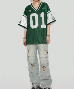 Women's Oversized Letter Graphic Jersey Tee Color Block Short Sleeve Y2K Mesh Football Jersey Tops