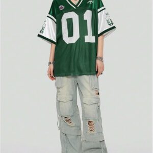 Women's Oversized Letter Graphic Jersey Tee Color Block Short Sleeve Y2K Mesh Football Jersey Tops