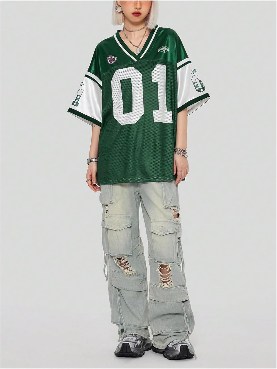 Women's Oversized Letter Graphic Jersey Tee Color Block Short Sleeve Y2K Mesh Football Jersey Tops