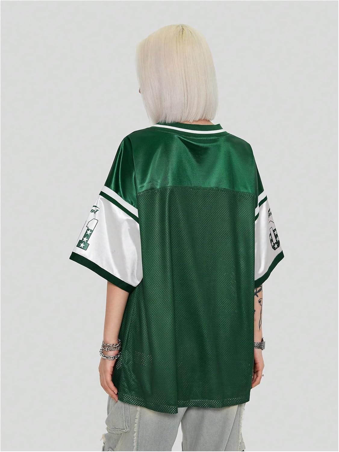 Women's Oversized Letter Graphic Jersey Tee Color Block Short Sleeve Y2K Mesh Football Jersey Tops - Image 4