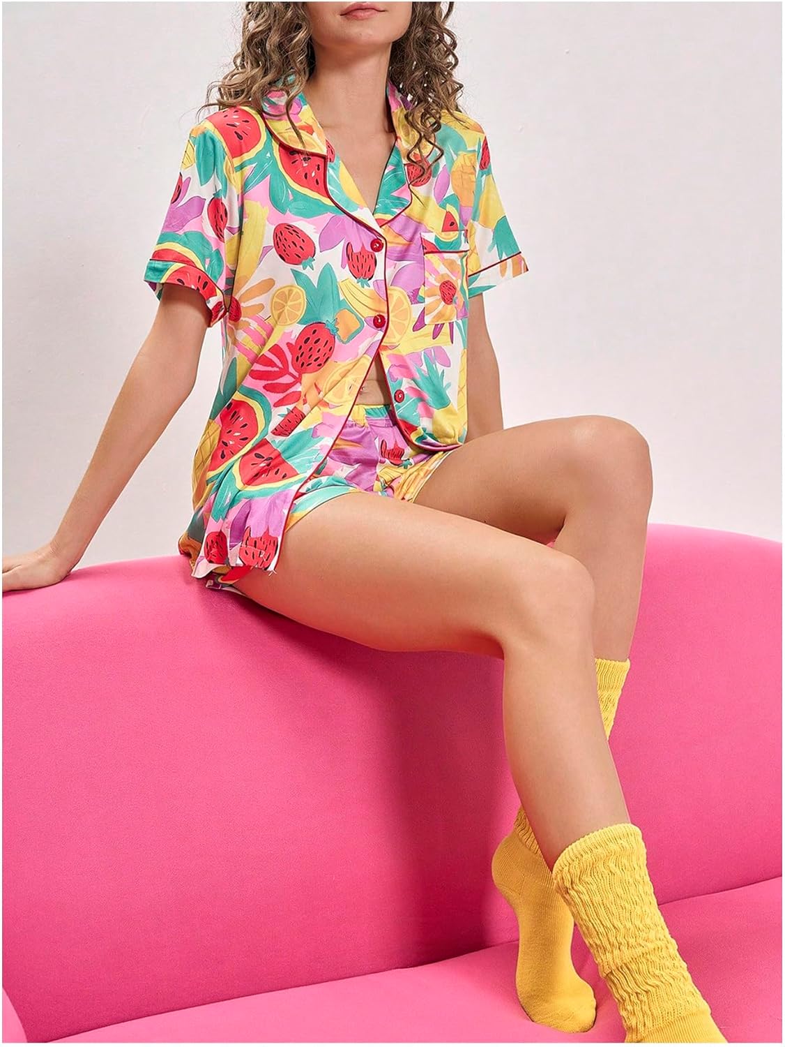 SweatyRocks Women's Two Piece Cute Graphic Pajama Set Short Sleeve Button Down Tops and Shorts Loungewear - Image 3