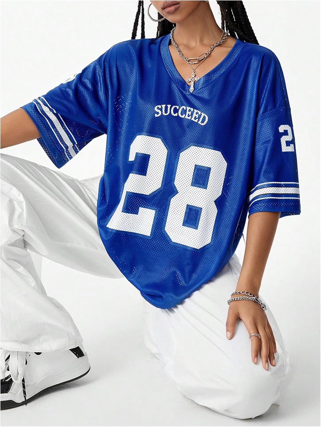 Women's Y2k Oversized Jersey Shirts Number Graphic Print Patchwork Half Sleeve Tee Streetwear - Image 13