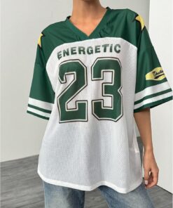 Women's Y2k Oversized Jersey Shirts Number Graphic Print Patchwork Half Sleeve Tee Streetwear