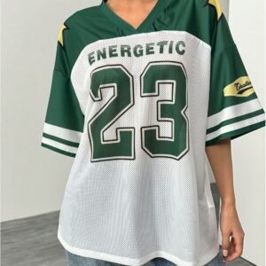 Women's Y2k Oversized Jersey Shirts Number Graphic Print Patchwork Half Sleeve Tee Streetwear
