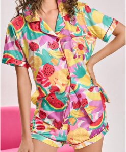 SweatyRocks Women's Two Piece Cute Graphic Pajama Set Short Sleeve Button Down Tops and Shorts Loungewear