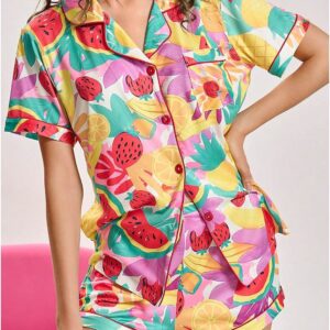 SweatyRocks Women's Two Piece Cute Graphic Pajama Set Short Sleeve Button Down Tops and Shorts Loungewear