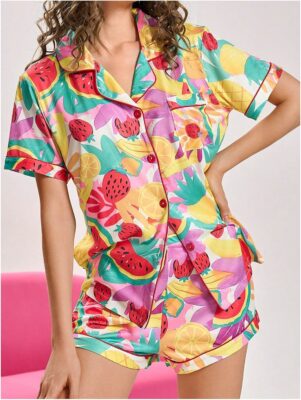 SweatyRocks Women's Two Piece Cute Graphic Pajama Set Short Sleeve Button Down Tops and Shorts Loungewear