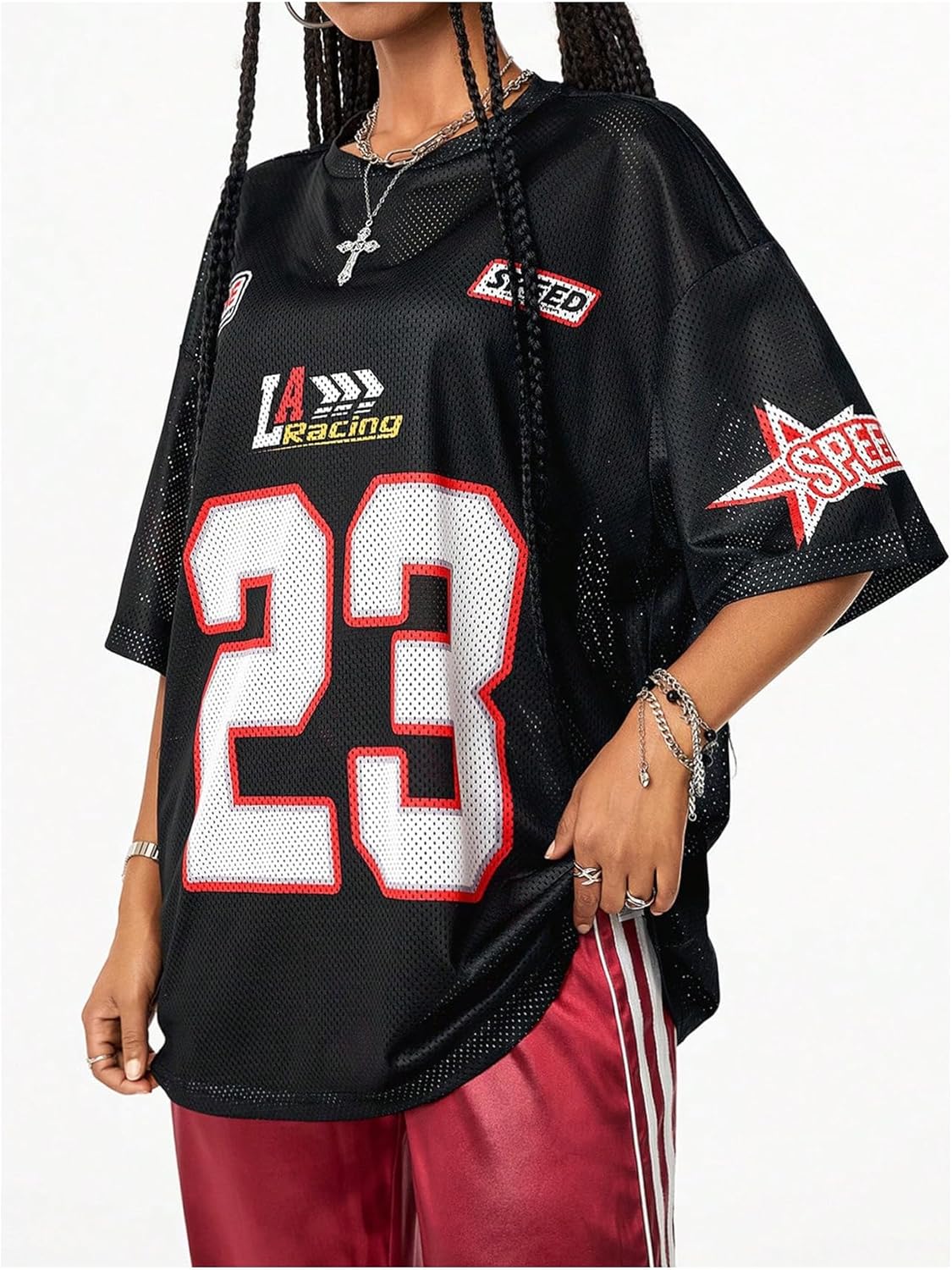 Women Number Print Jersey T Shirt Round Neck Half Sleeve Oversized Tee Tops - Image 3