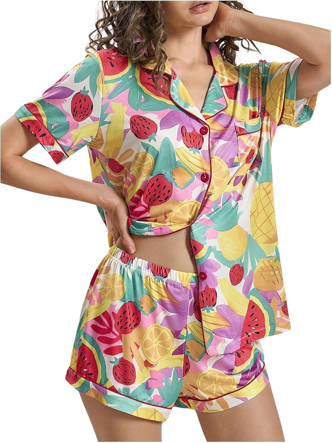 SweatyRocks Women's Two Piece Cute Graphic Pajama Set Short Sleeve Button Down Tops and Shorts Loungewear - Image 5