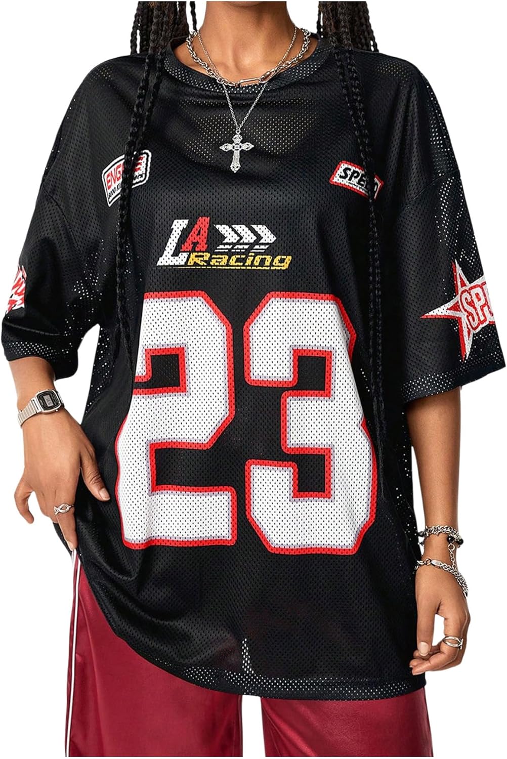 Women Number Print Jersey T Shirt Round Neck Half Sleeve Oversized Tee Tops - Image 4