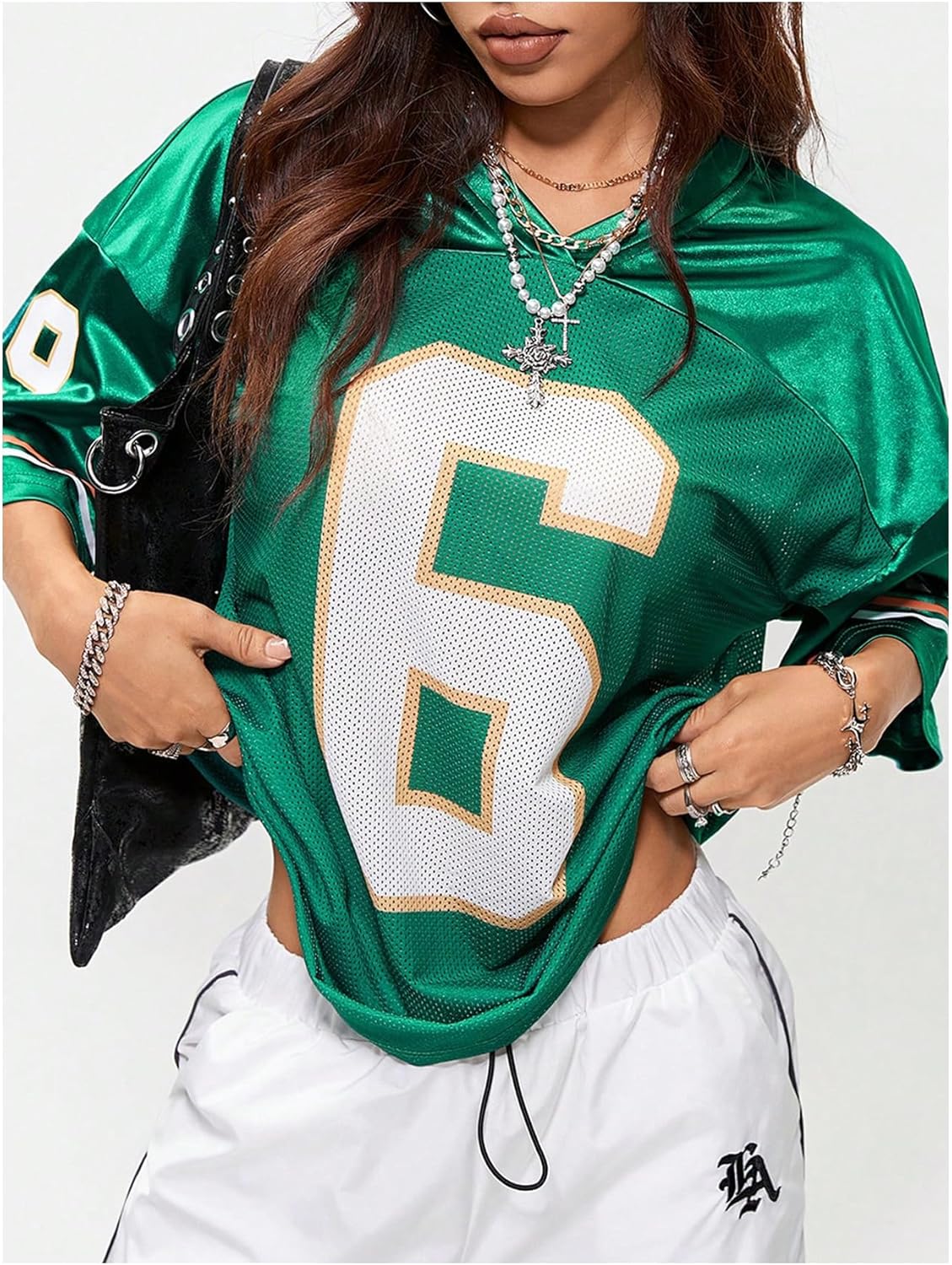 Women's Y2k Oversized Jersey Shirts Number Graphic Print Patchwork Half Sleeve Tee Streetwear - Image 9