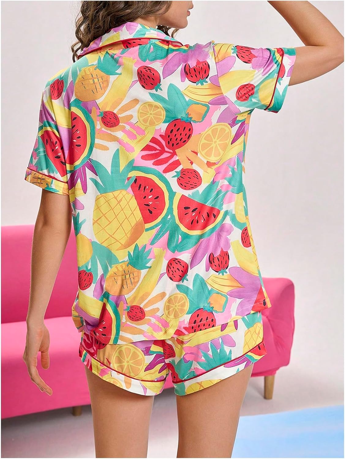 SweatyRocks Women's Two Piece Cute Graphic Pajama Set Short Sleeve Button Down Tops and Shorts Loungewear - Image 4