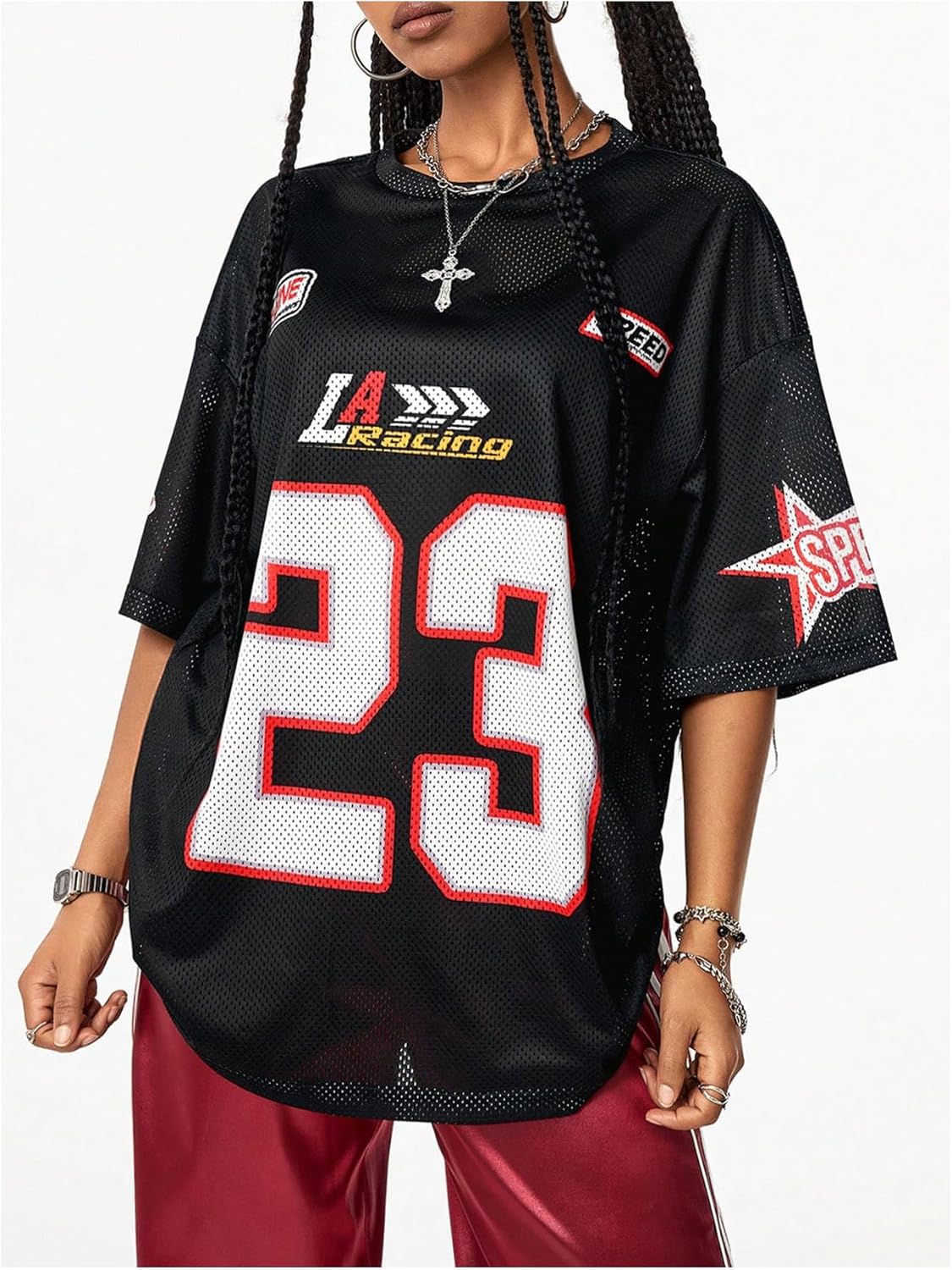 Women Number Print Jersey T Shirt Round Neck Half Sleeve Oversized Tee Tops - Image 5