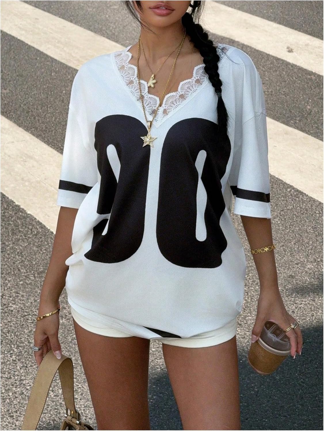 Women's Y2k Oversized Jersey Shirts Number Graphic Print Patchwork Half Sleeve Tee Streetwear - Image 11