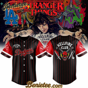 All Team MLB Los Angeles Dodgers x Hellfire Club Redline Pinstripe Stranger Things Baseball Jersey