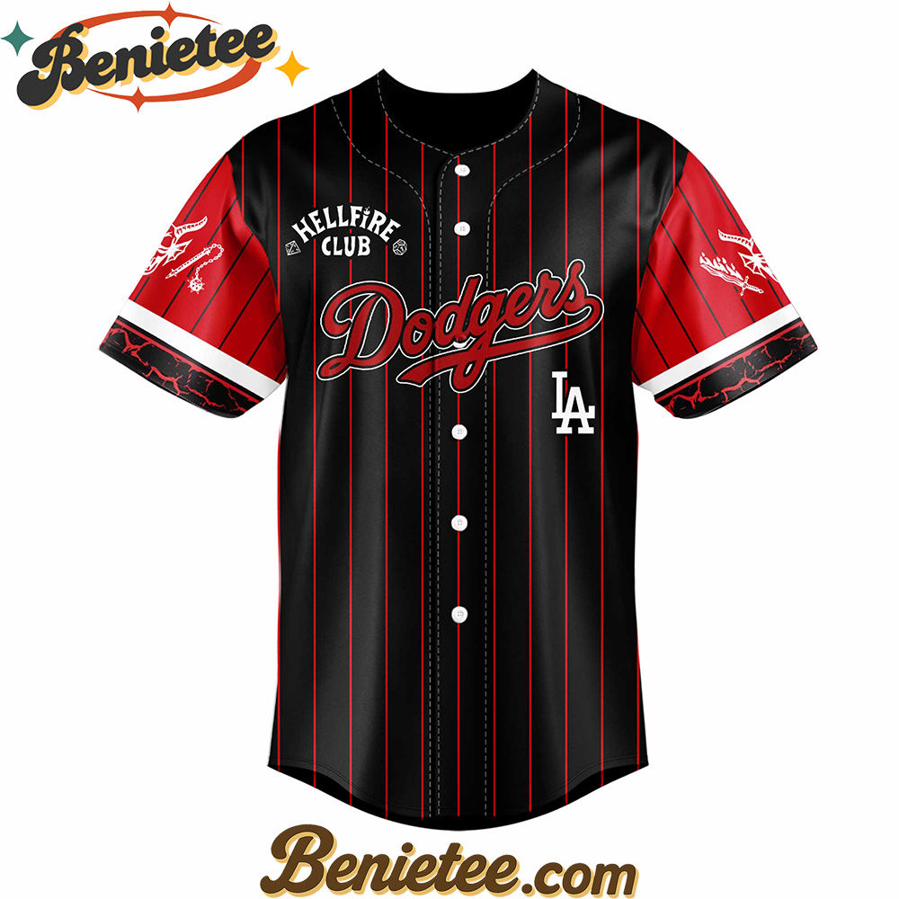 All Team MLB Los Angeles Dodgers x Hellfire Club Redline Pinstripe Stranger Things Baseball Jersey - Image 2