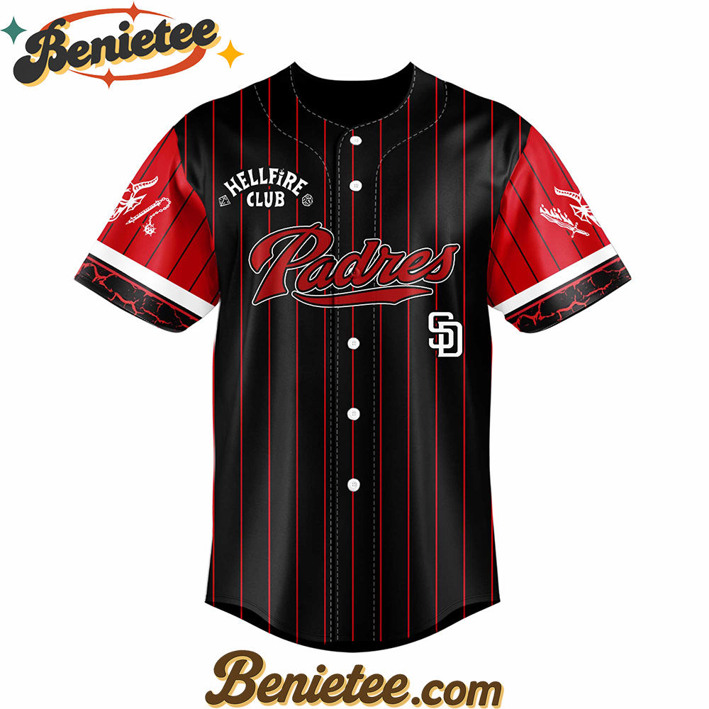 All Team MLB San Diego Padres x Hellfire Club Redline Pinstripe Stranger Things Baseball Jersey - Image 2