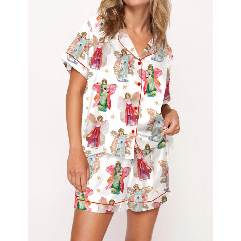 Angel Pattern With Stars Satin Pajama Set For Women