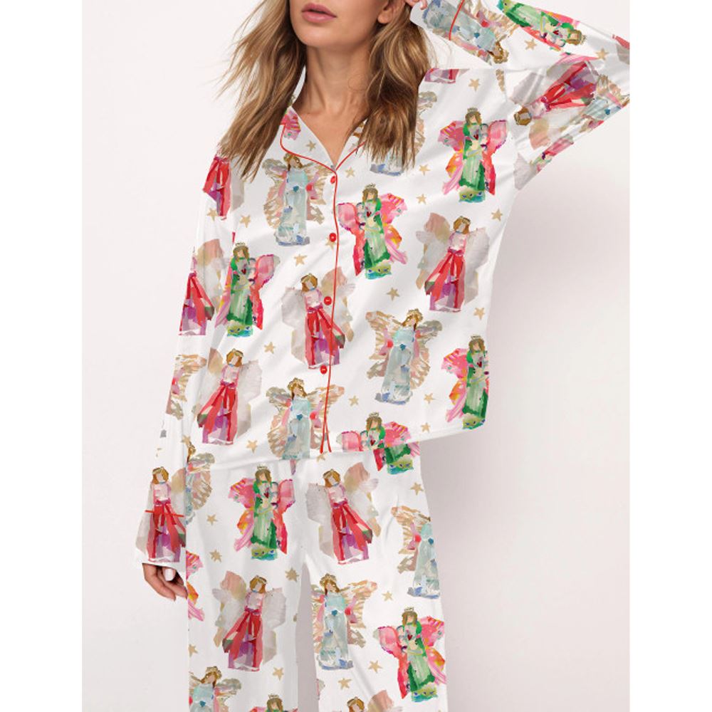 Angel Pattern With Stars Satin Pajama Set For Women - Image 2