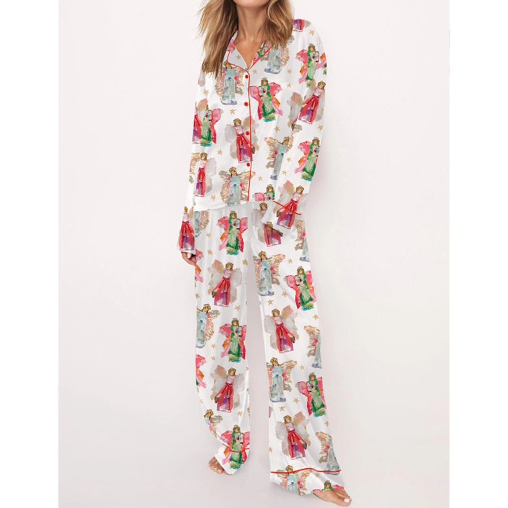 Angel Pattern With Stars Satin Pajama Set For Women - Image 3