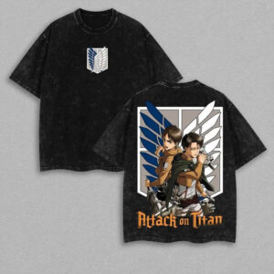 Attack On Titan Anime Unisex Tee Acid Wash Shirt Graphic Tee Casual Menswear Soft Top, AOT Streetwear Style Tee