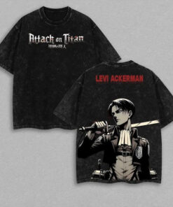 Attack On Titan Retro Heavy Limited Levi Ackerman x Attack On Titan Anime Double Printed Vintage Washed Tee Unisex Oversize Anime Manga Washed Heavyweight Cotton T-shirt, Gift For Anime Fan Levi