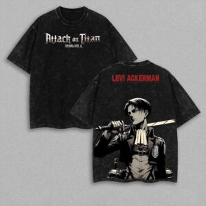 Attack On Titan Retro Heavy Limited Levi Ackerman x Attack On Titan Anime Double Printed Vintage Washed Tee Unisex Oversize Anime Manga Washed Heavyweight Cotton T-shirt, Gift For Anime Fan Levi