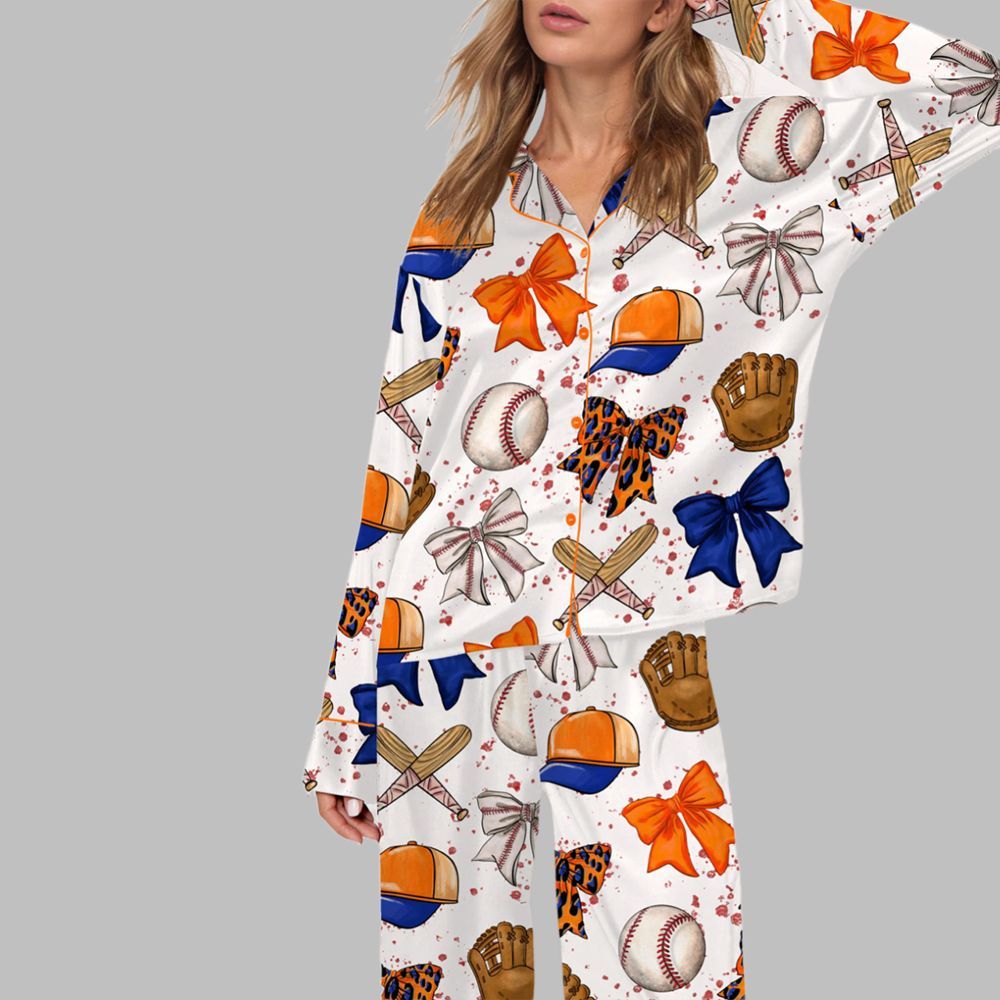 Baseball Coquette Bow Pajama Set For Women - Image 2