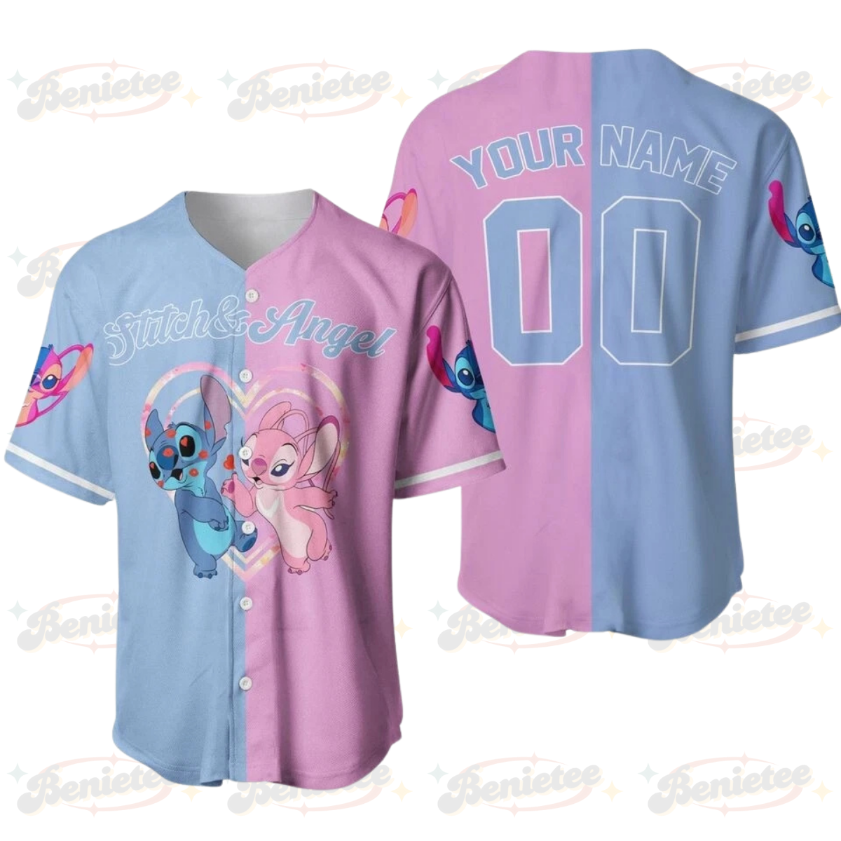 Personalized Stitch And Angel Couple Lovers Baseball Jersey