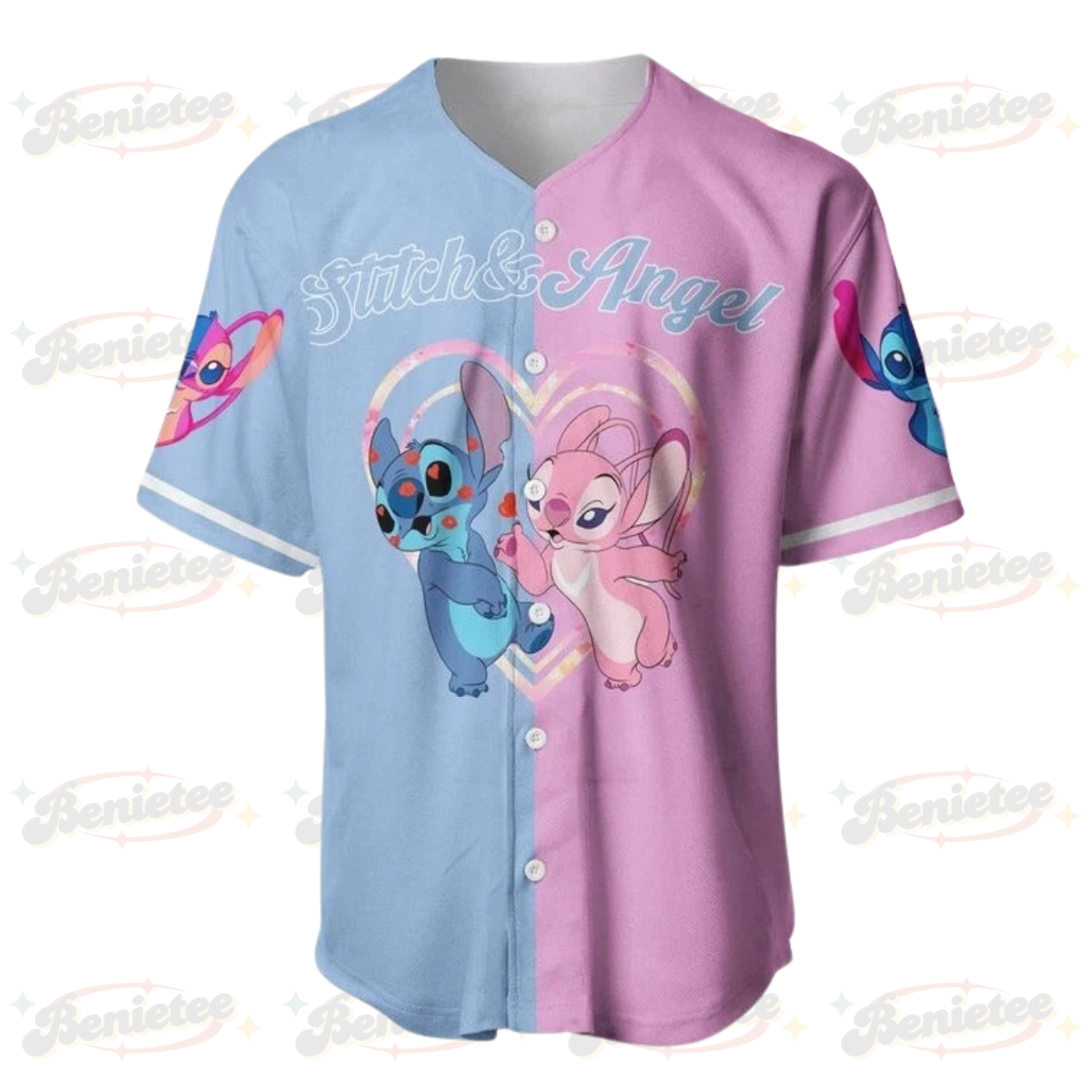 Personalized Stitch And Angel Couple Lovers Baseball Jersey - Image 3