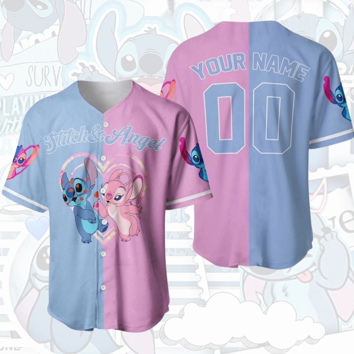 Personalized Stitch And Angel Couple Lovers Baseball Jersey - Image 2