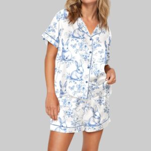 Blue Toile Bunnies Pajama Set For Women
