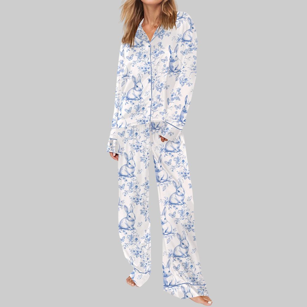 Blue Toile Bunnies Pajama Set For Women - Image 3