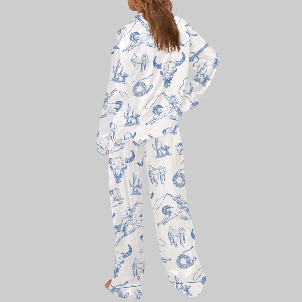 Blue Toile Coastal Cowgirl Pajama Set For Women - Image 3