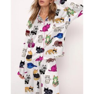 Cat Lovers Satin Pajama Set For Women