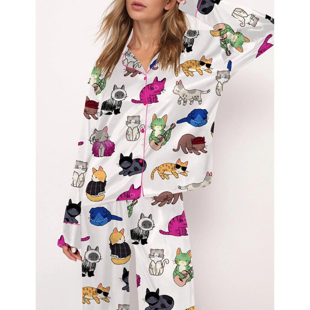 Cat Lovers Satin Pajama Set For Women