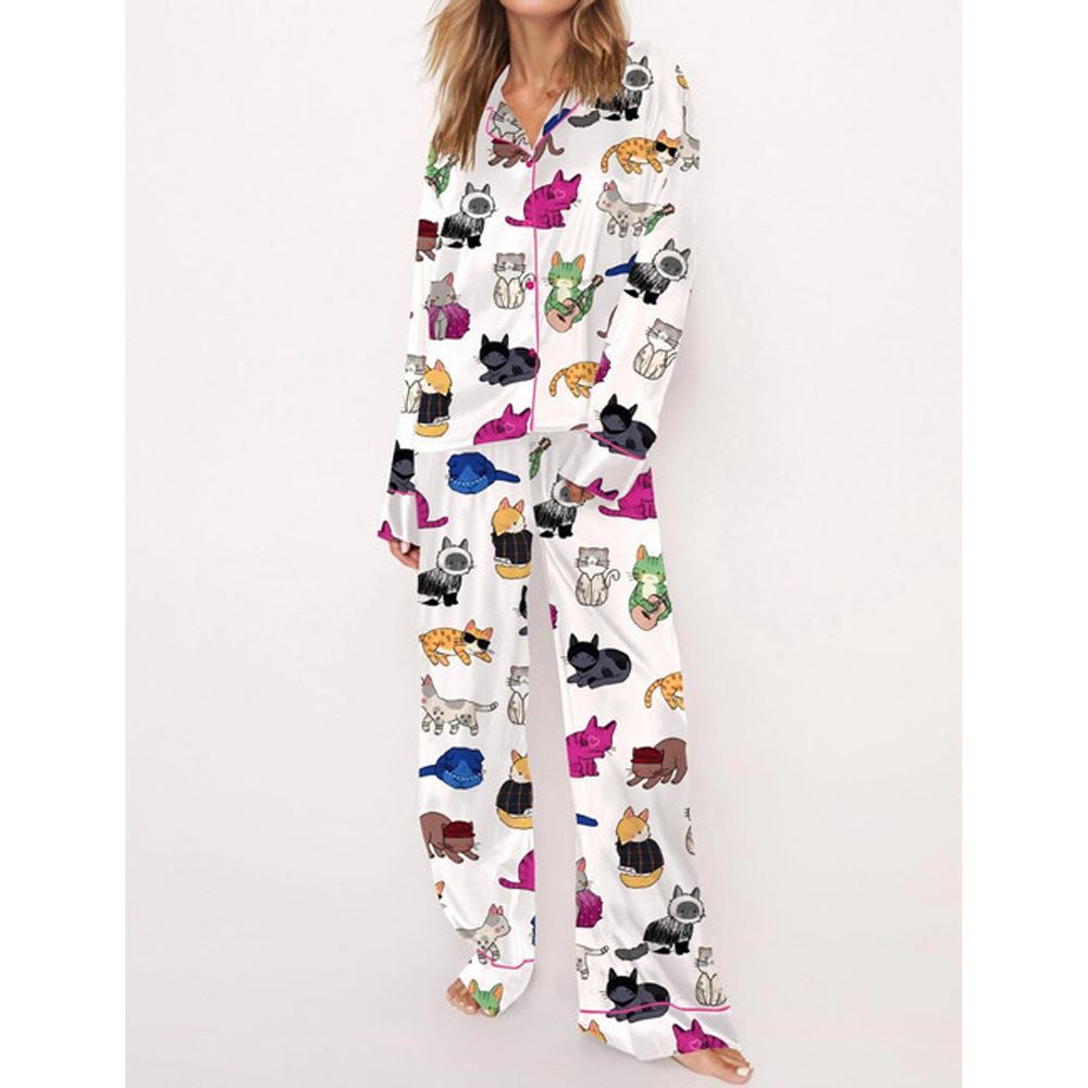 Cat Lovers Satin Pajama Set For Women - Image 2