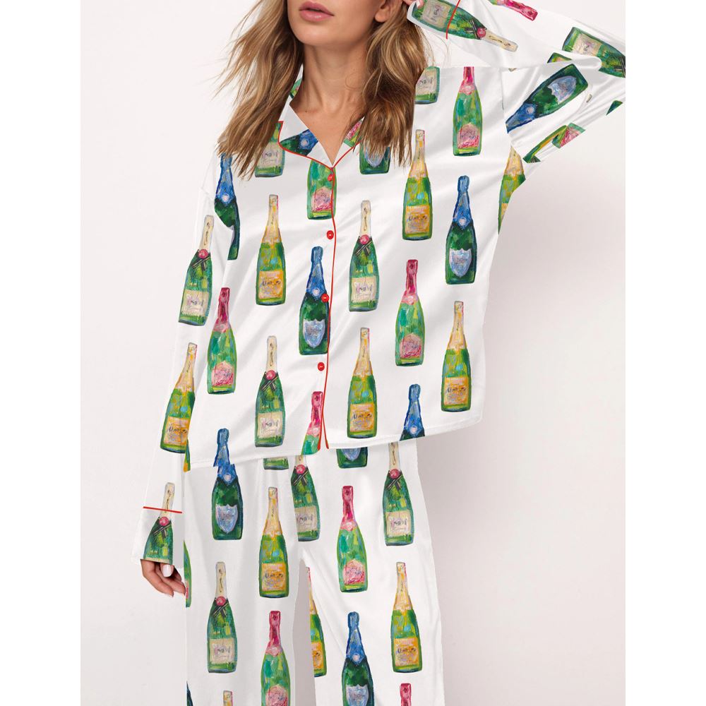 Champagne Bottles Satin Pajama Set For Women - Image 2