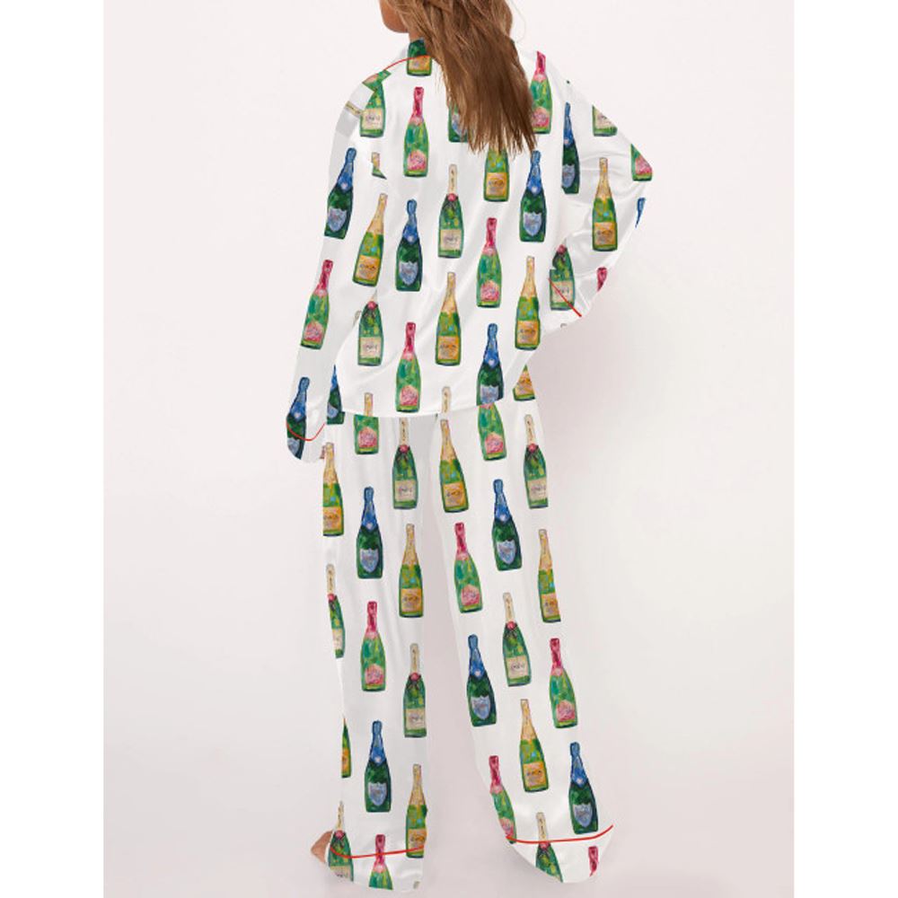 Champagne Bottles Satin Pajama Set For Women - Image 3