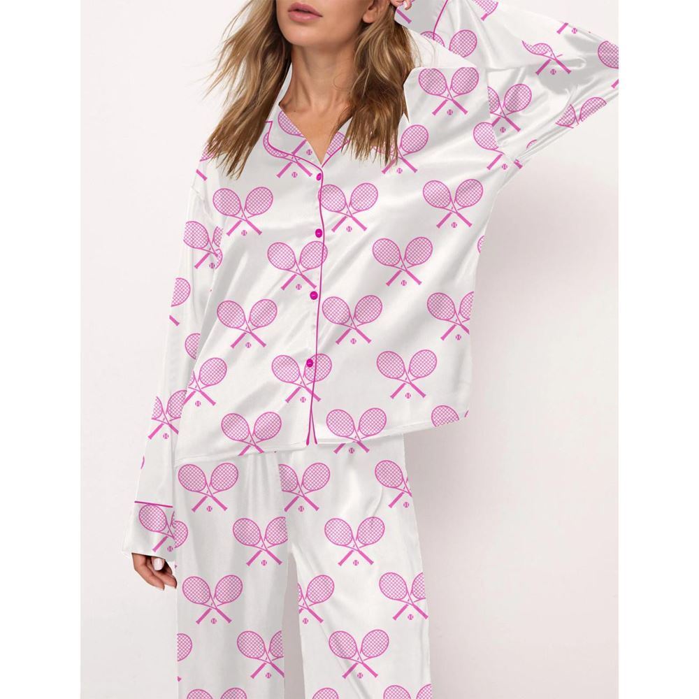 Champagne Tennis Satin Pajama Set For Women - Image 2