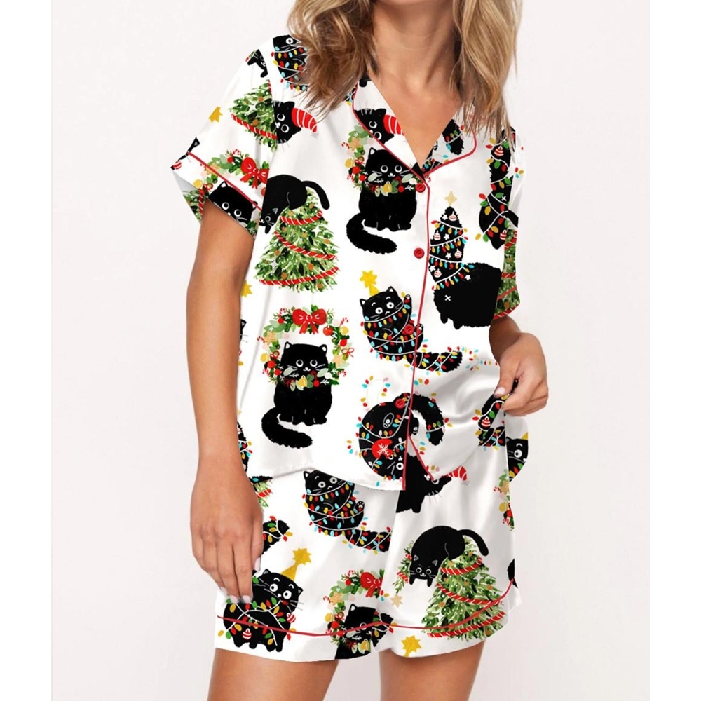 Christmas Black Cat Satin Pajama Set For Women