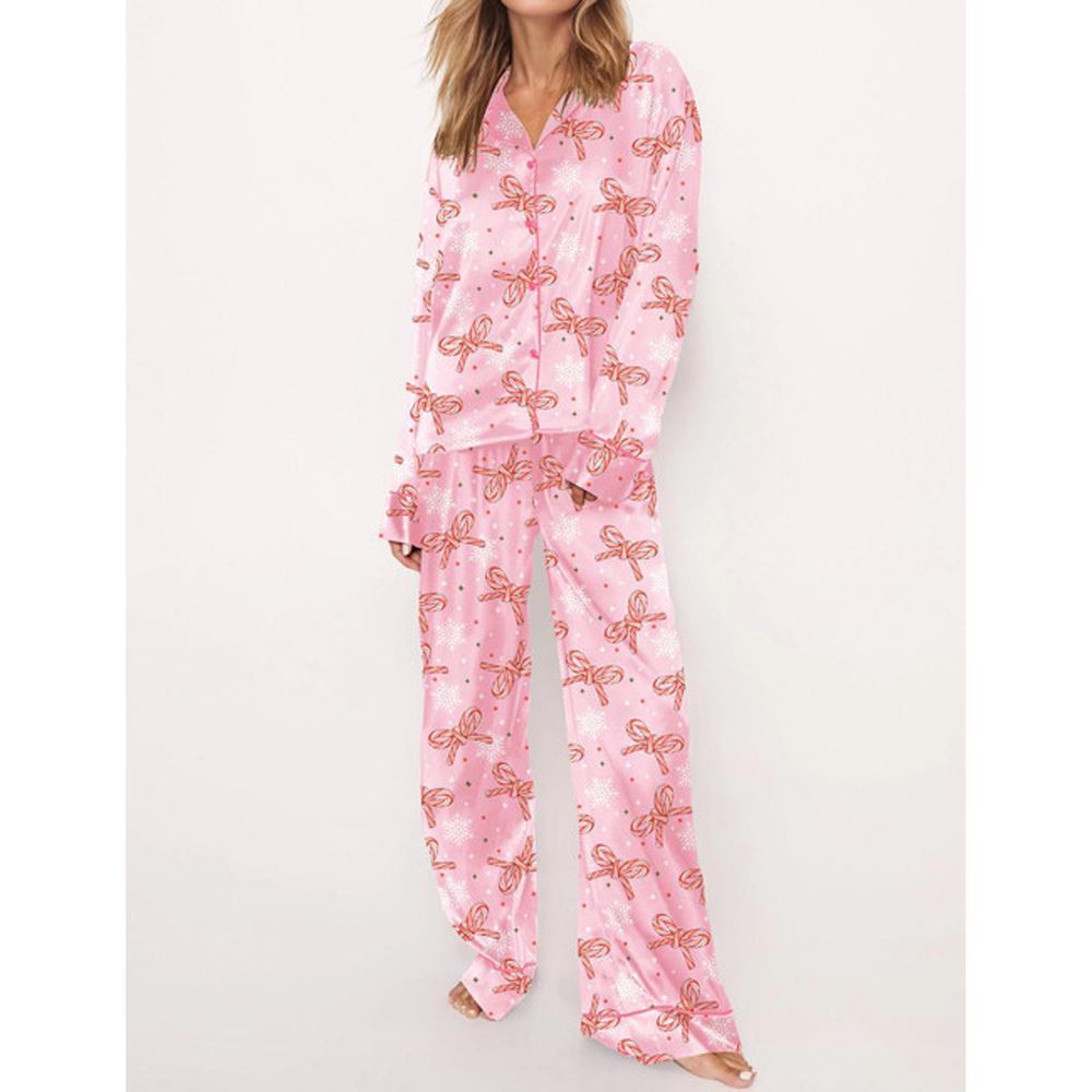 Christmas Bows Satin Pajama Set For Women - Image 3