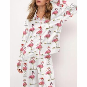 Christmas Flamingo Martini Satin Pajama Set For Women
