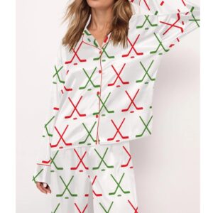 Christmas Ice Hockey Satin Pajama Set For Women