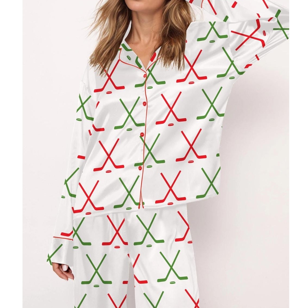 Christmas Ice Hockey Satin Pajama Set For Women