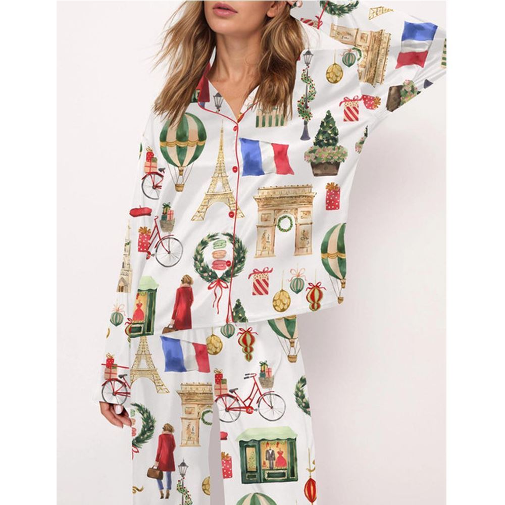 Christmas Paris Satin Pajama Set For Women