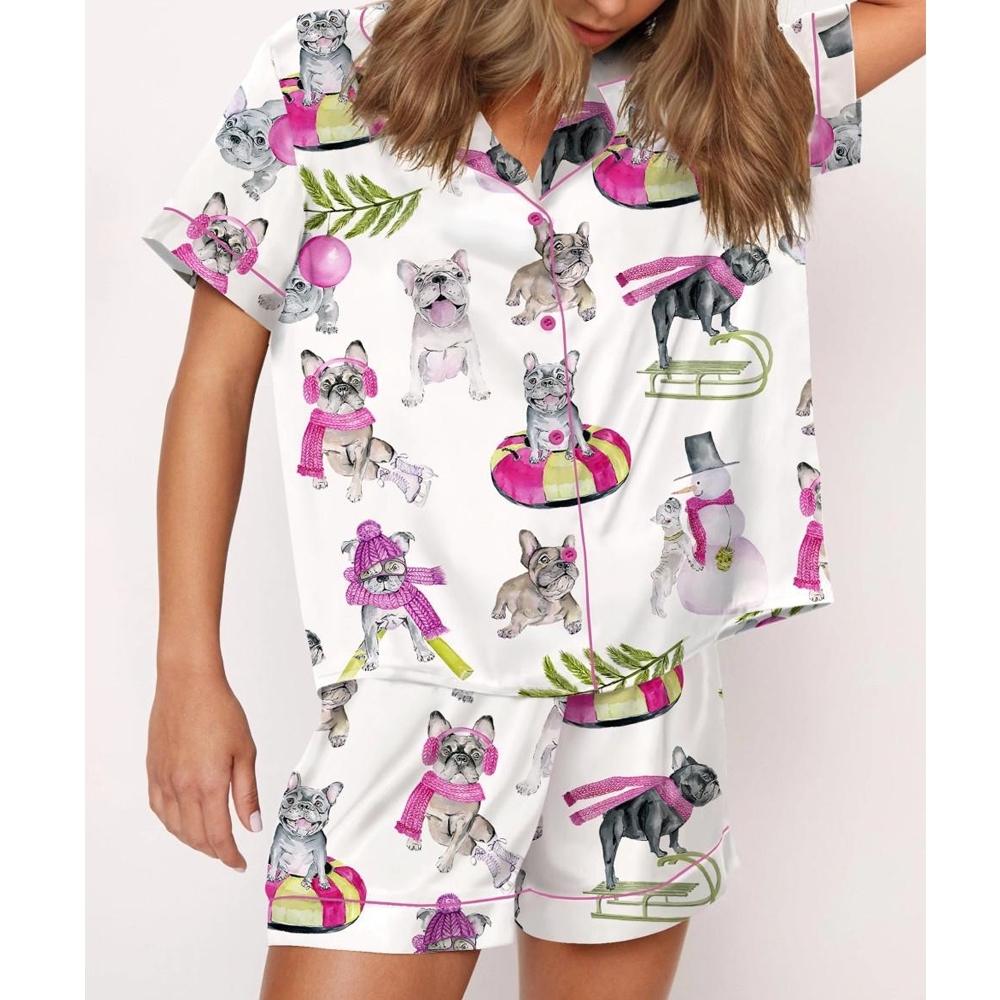 Christmas Skiing French Bulldog Satin Pajama Set For Women - Image 2
