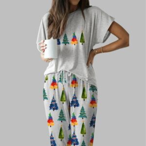 Colorful Christmas Tree Casual Pajama Set For Women